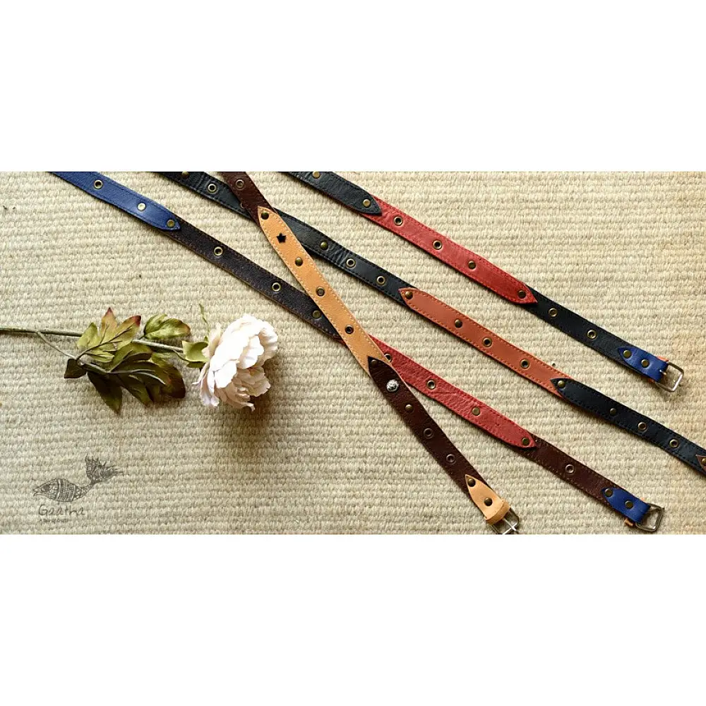 the blue lotus handcrafted slim leather belt four color options royal blue dark brown tan red sleek minimalist casual waist belt gaatha