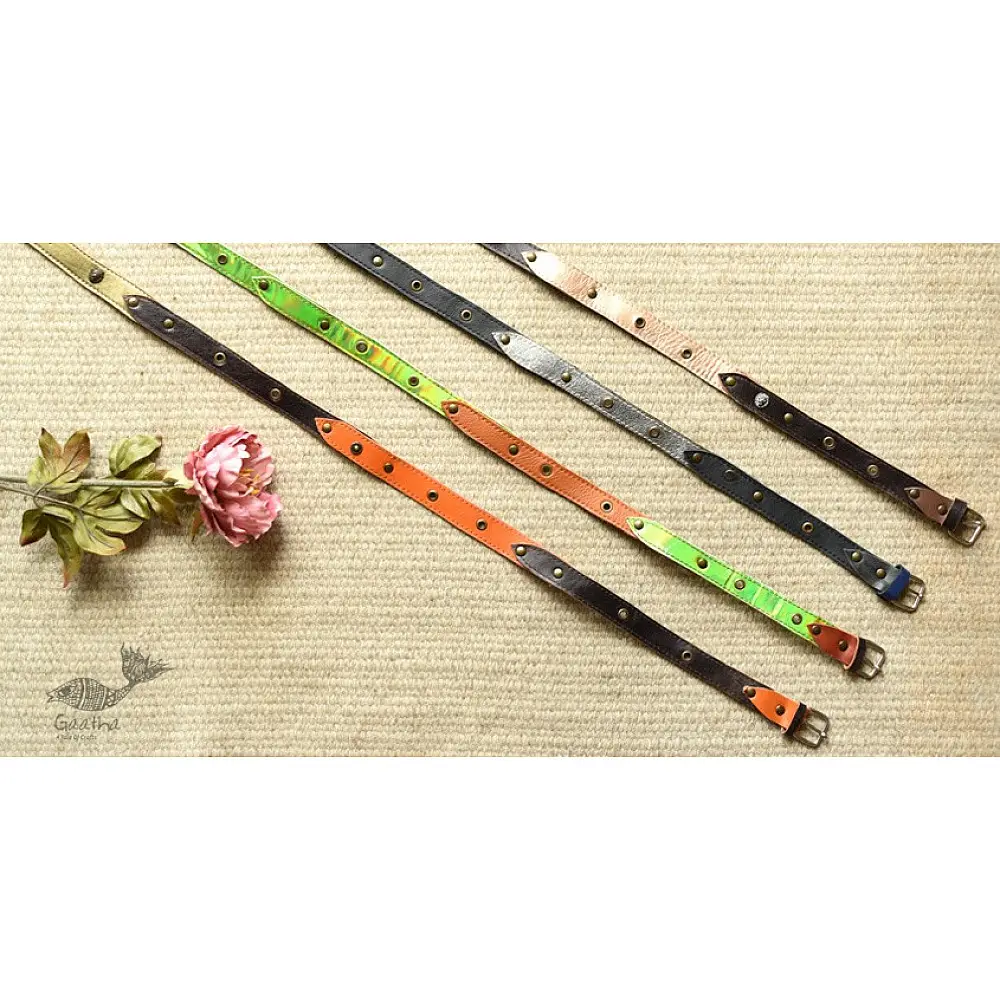 the blue lotus handcrafted slim leather belt four color options tan orange lime green dark brown sleek minimalist casual waist belt gaatha