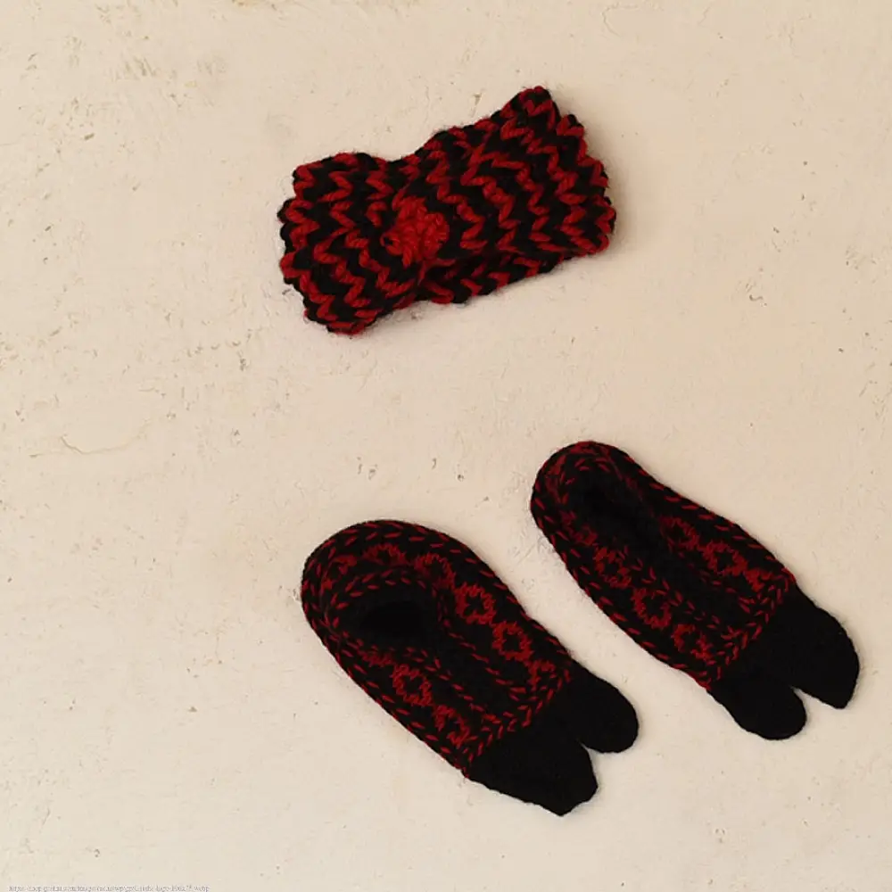 black red hand knitted himalayan woolen socks textured geometric pattern matching red black flower hairband winter foot warmers gaatha