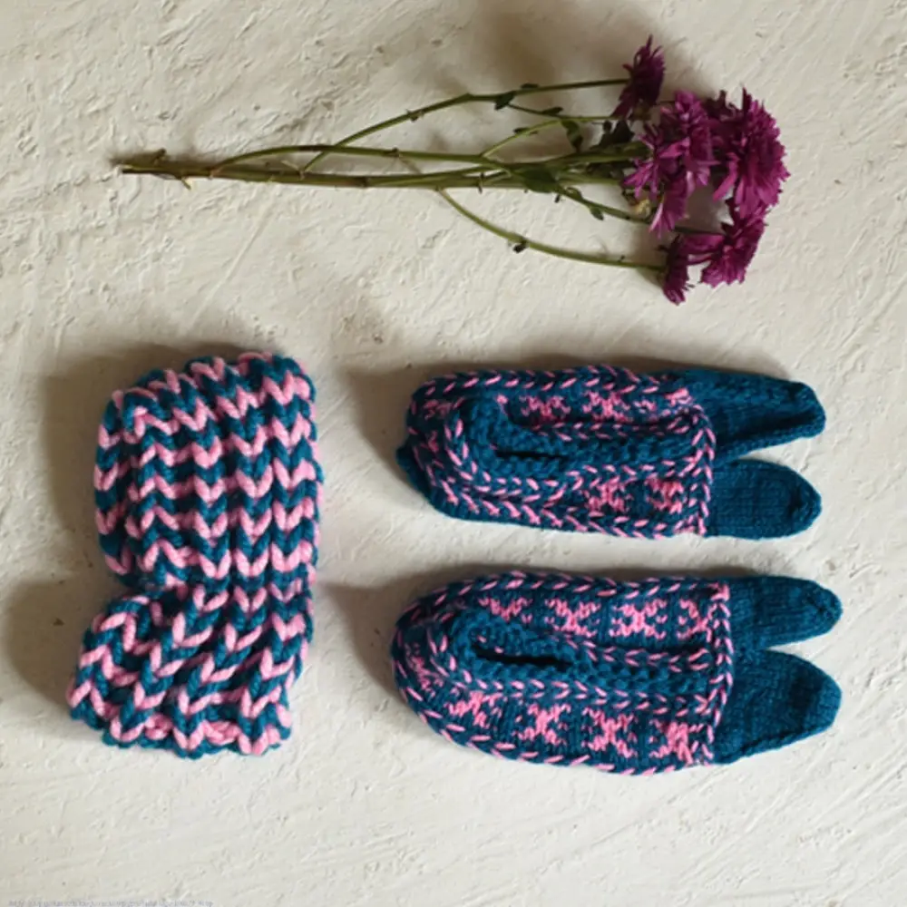 deep blue pink hand knitted himalayan woolen socks chevron pattern knit hairband winter foot warmers 