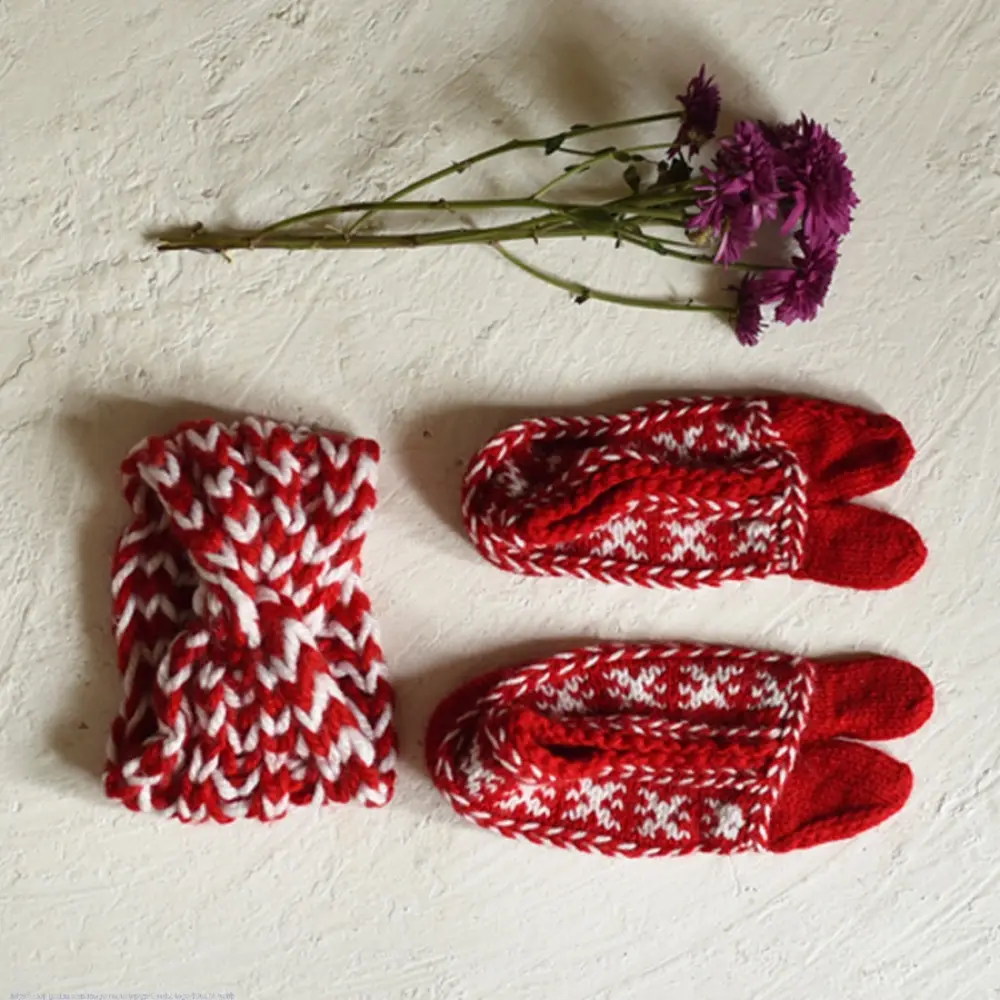 red white hand knitted himalayan woolen socks fair isle geometric pattern knit hairband winter foot warmers gaatha