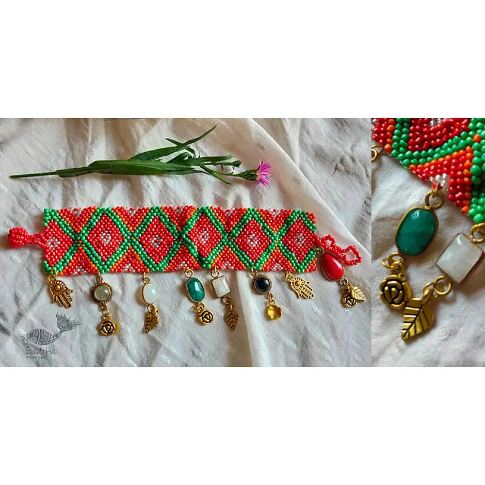 shop handmade Designer Bead & Gemstone Bracelet - Red & Green