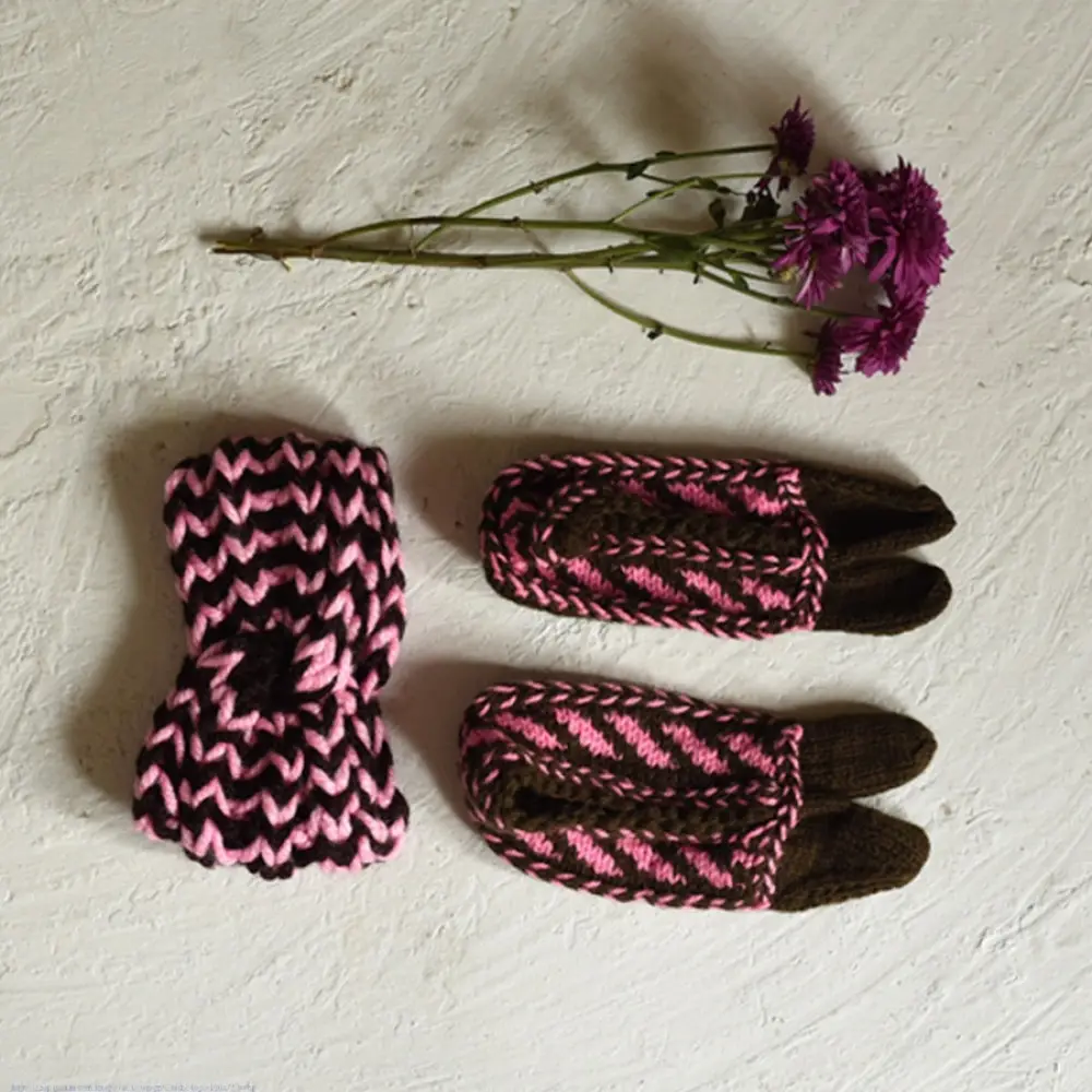 pink brown hand knitted himalayan woolen socks chevron pattern knit hairband winter leg warmers gaatha