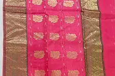Padmapriya | Handwoven Chanderi Silk Pink Saree with Green Zari Border