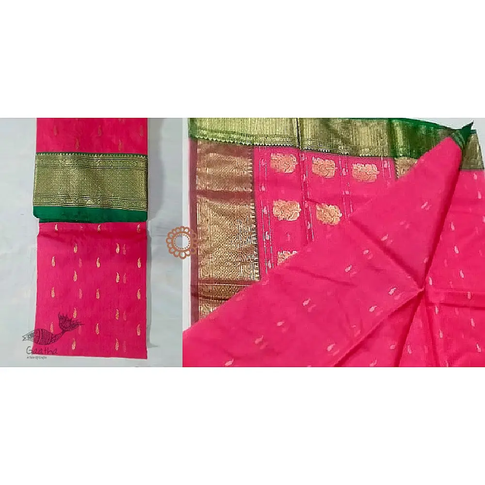 online shop Handwoven Chanderi Silk Pink Saree with Green Zari Border