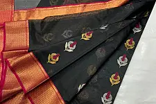 Padmapriya | Handwoven Chanderi Silk Black Saree With Red Border