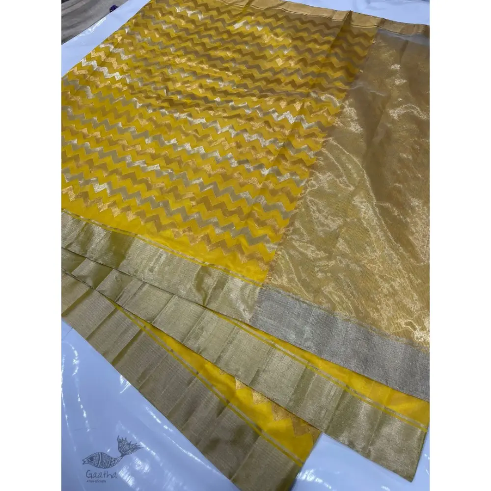 online Handwoven Chanderi Silk Saree - Yellow Zari Zik Zak