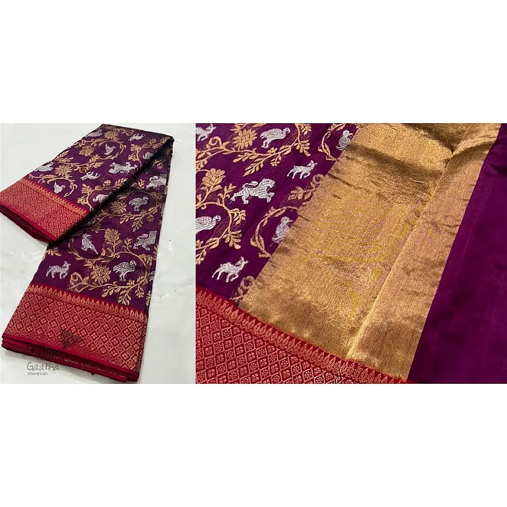 online Handwoven Chanderi Silk Saree - Deer & Lion Woven 