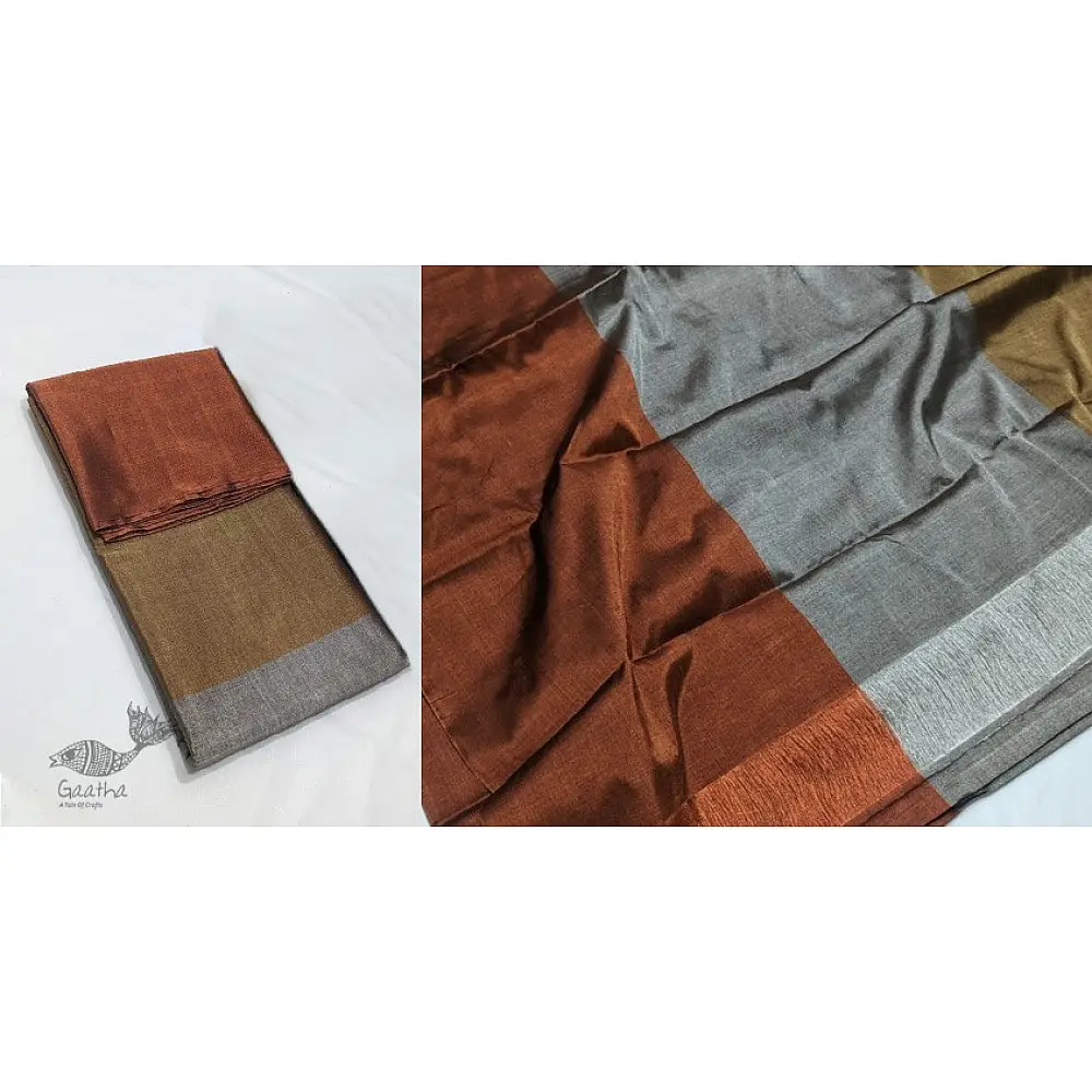 online Handwoven Chanderi Silk Zari Saree Golden, Silver & Copper