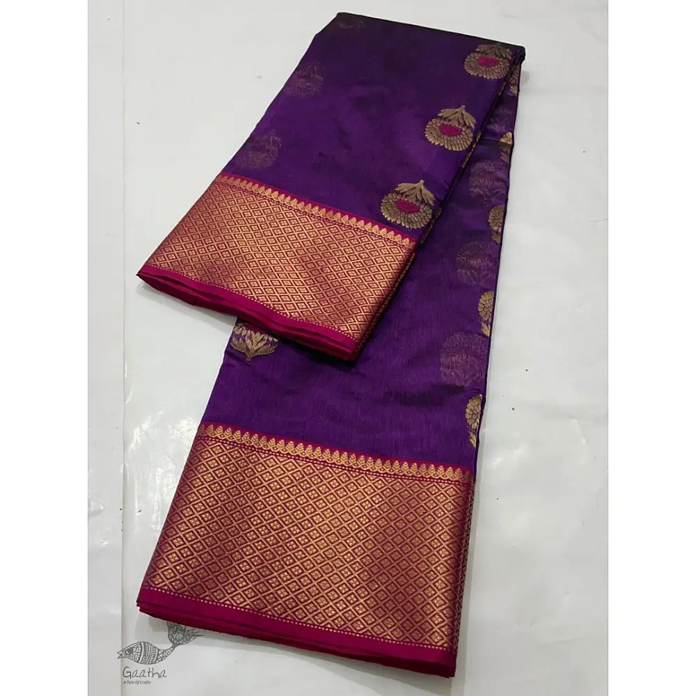 online Handwoven Silk - Chanderi Saree With Golden Broad Border