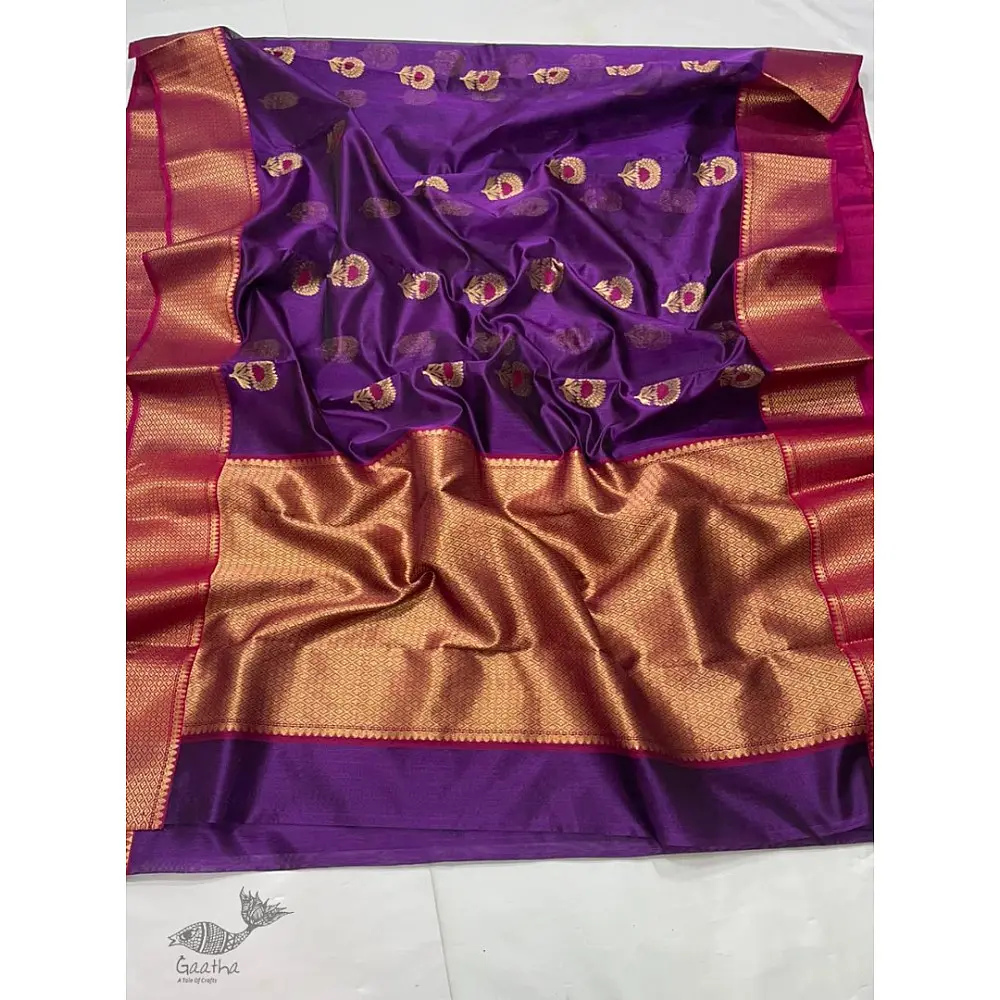 online Handwoven Silk - Chanderi Saree With Golden Broad Border