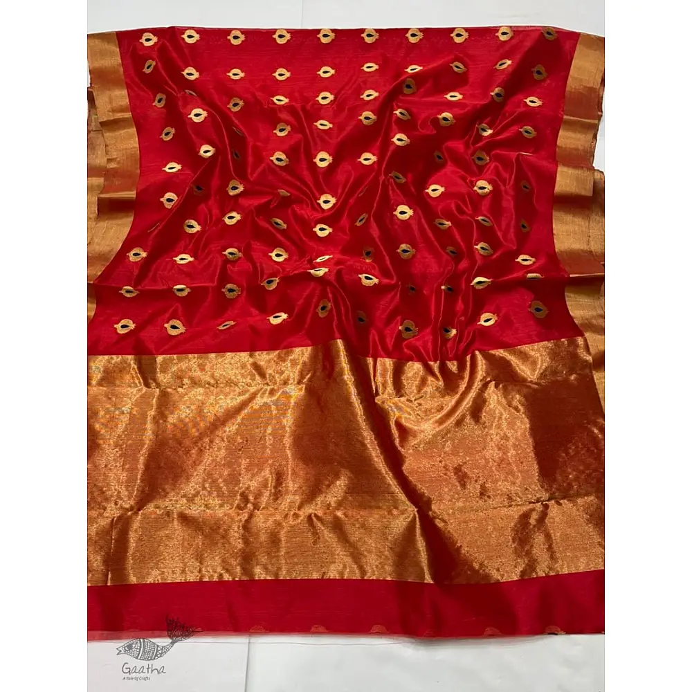 online Handwoven Silk - Chanderi Saree With Golden Butta & Border
