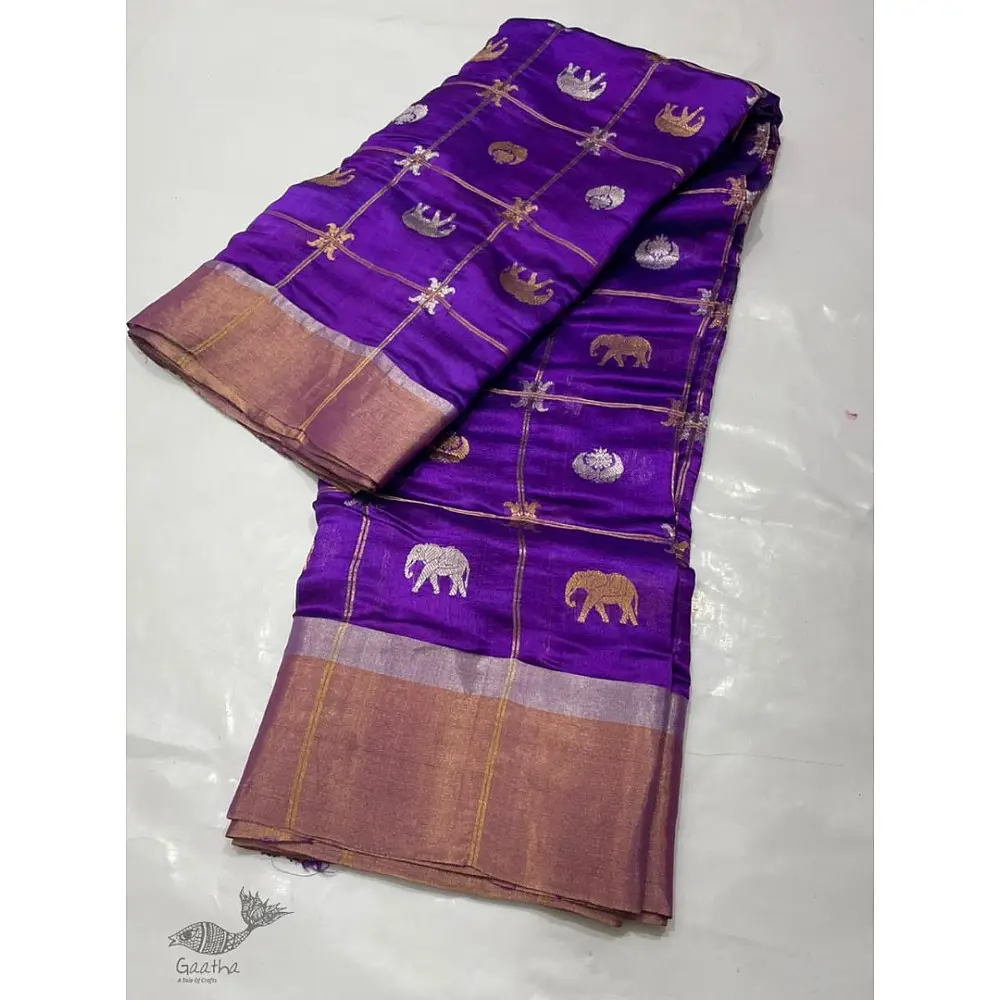 online Handwoven Silk - Chanderi Violet Zari Checks Saree