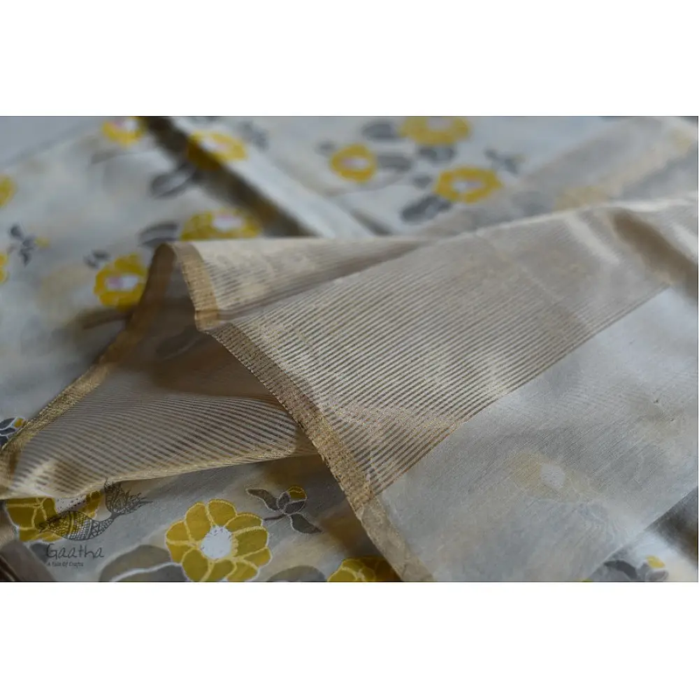 Handloom Chanderi yellow flower Printed Saree 
