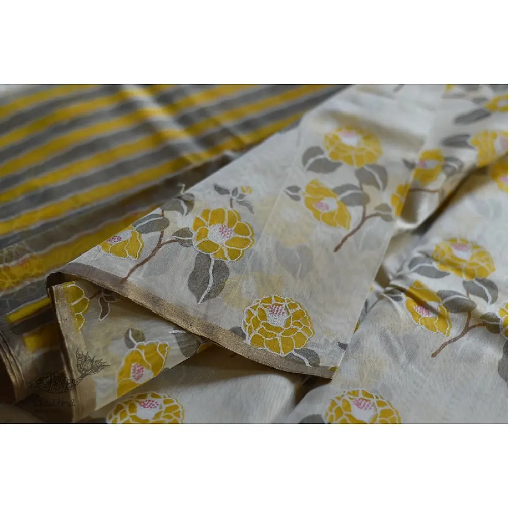 Handloom Chanderi yellow flower Printed Saree 
