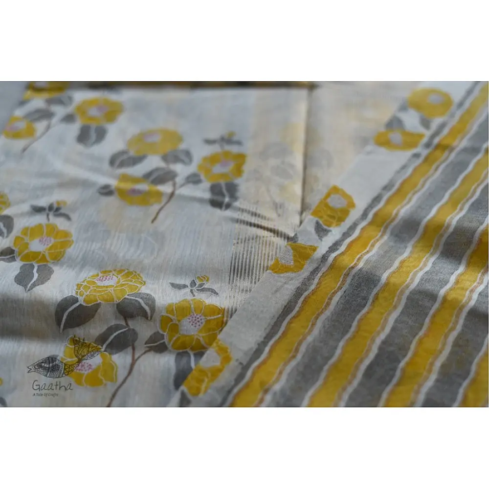Handloom Chanderi yellow flower Printed Saree 