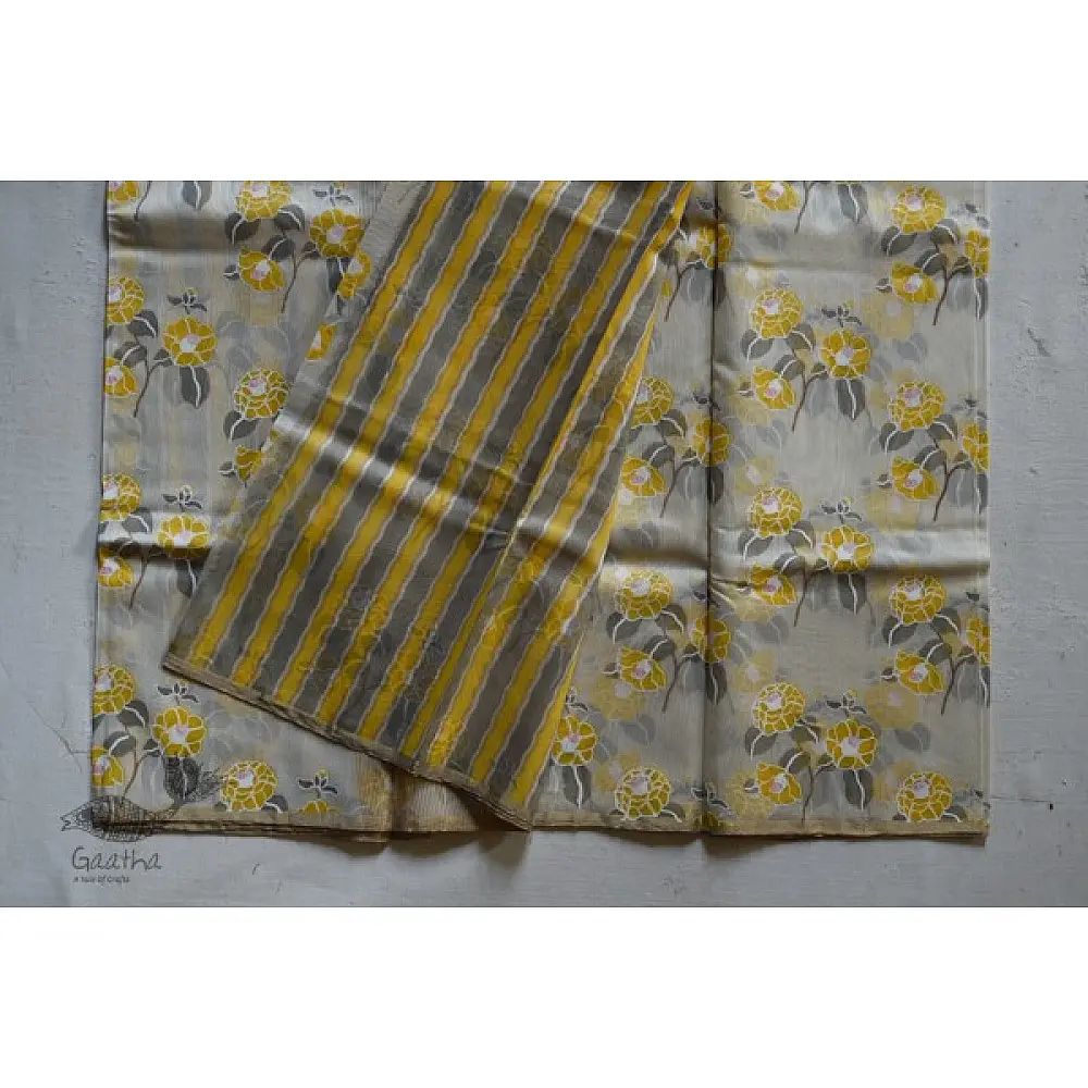Handloom Chanderi yellow flower Printed Saree 