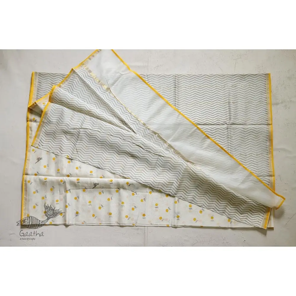 Handloom Chanderi Printed Saree - cherry motif with yellow border