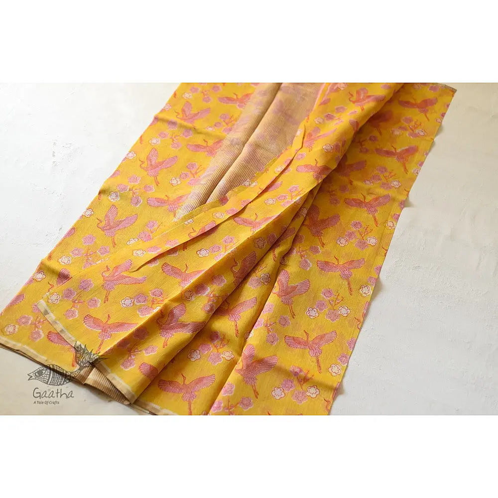 Handloom Printed Chanderi Yellow Saree