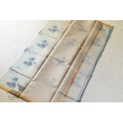 Manjula ~ Handloom Printed Chanderi Saree - Blue Flowers Mofit