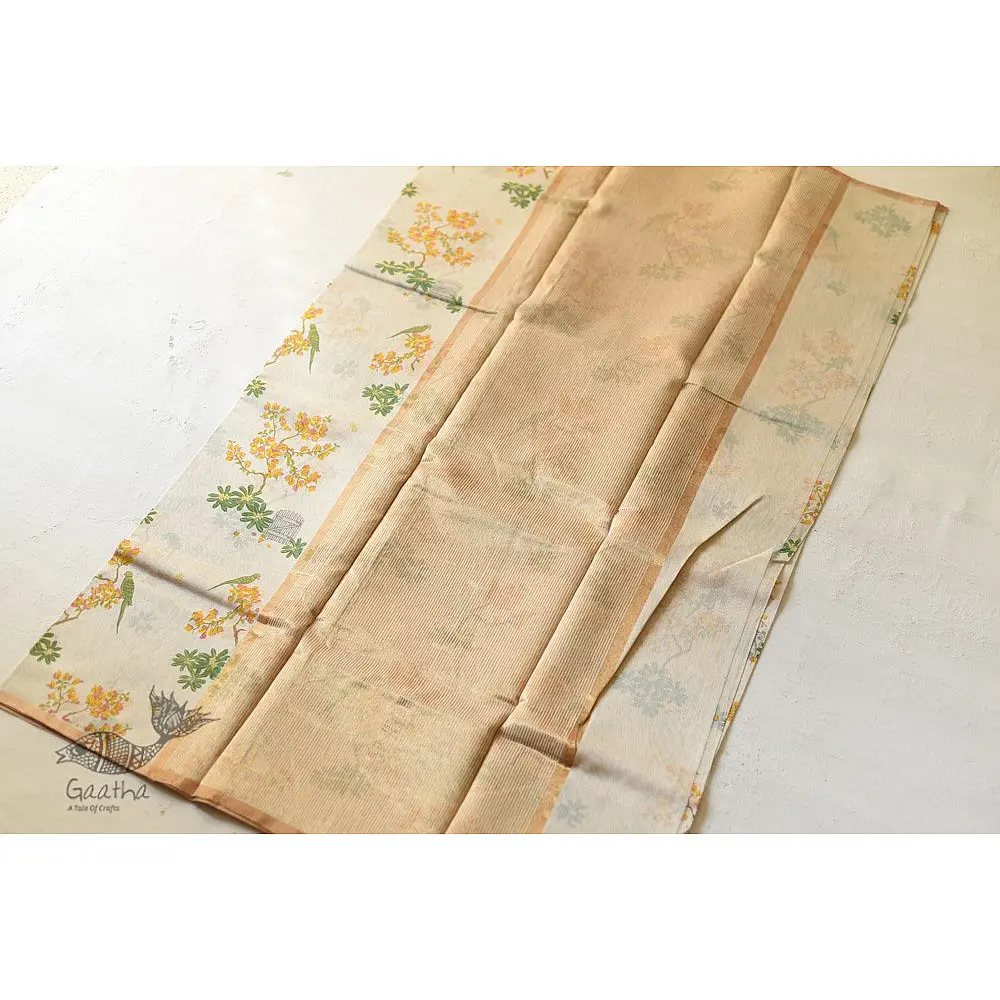 Handloom Yellow Flowers Printed Chanderi Saree