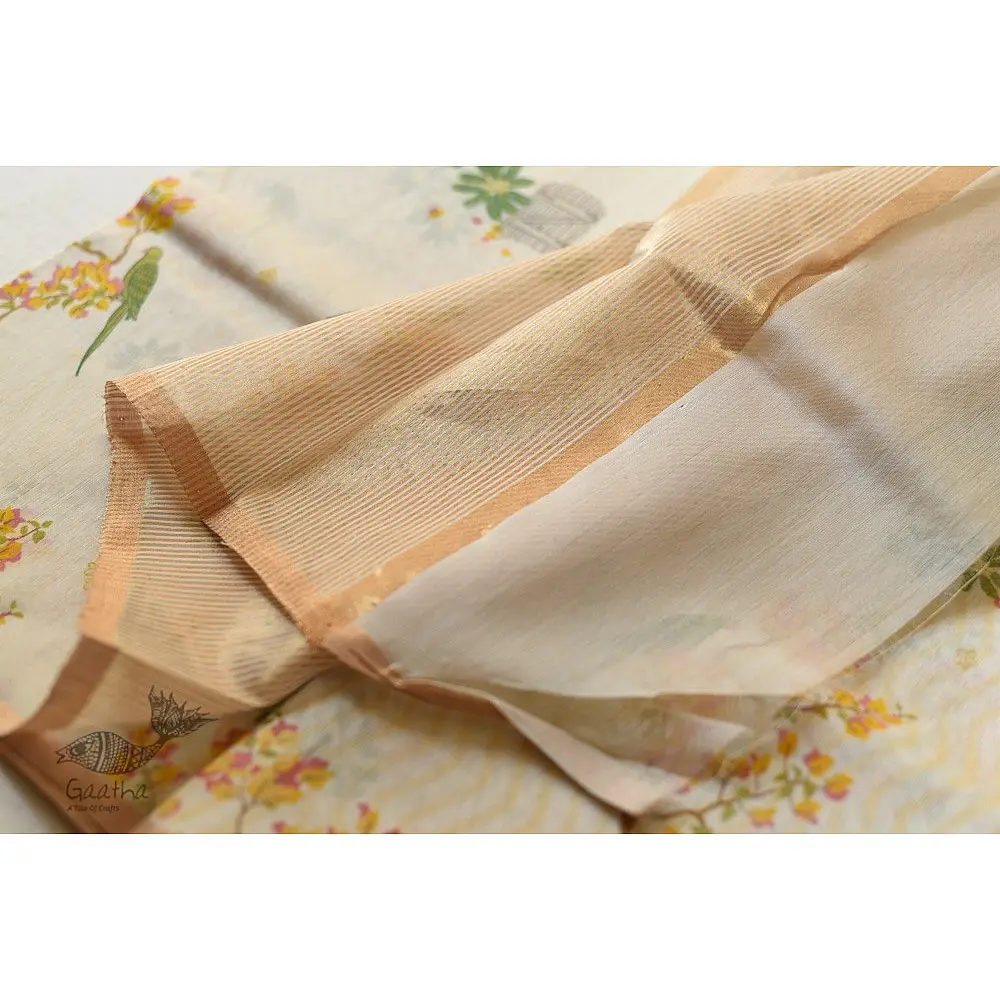 Handloom Yellow Flowers Printed Chanderi Saree