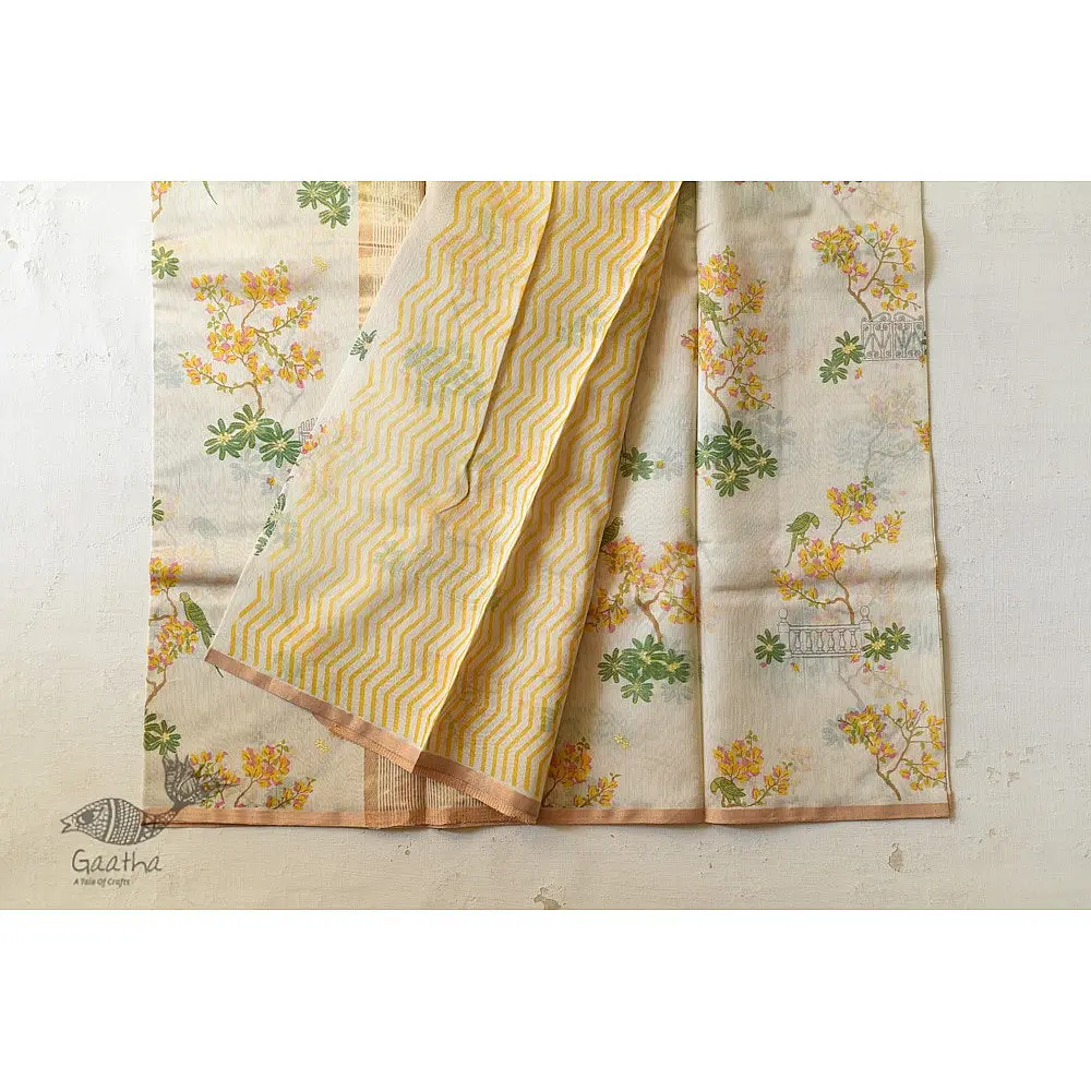 Handloom Yellow Flowers Printed Chanderi Saree