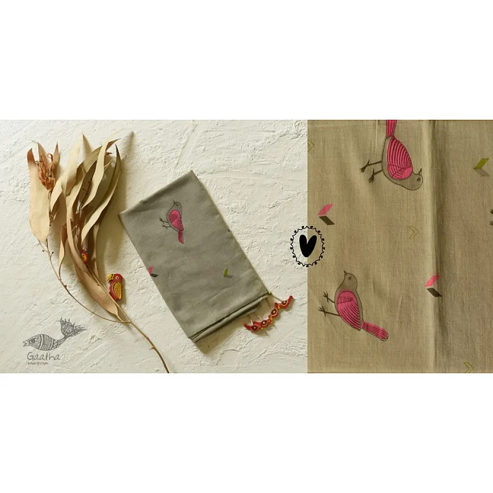 shop Printed Cotton Grey Stole with Sparrow Motif