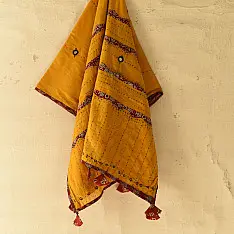 Ajrakh Applique - Embroidered Cotton Dupatta (Two Options) - Yellow