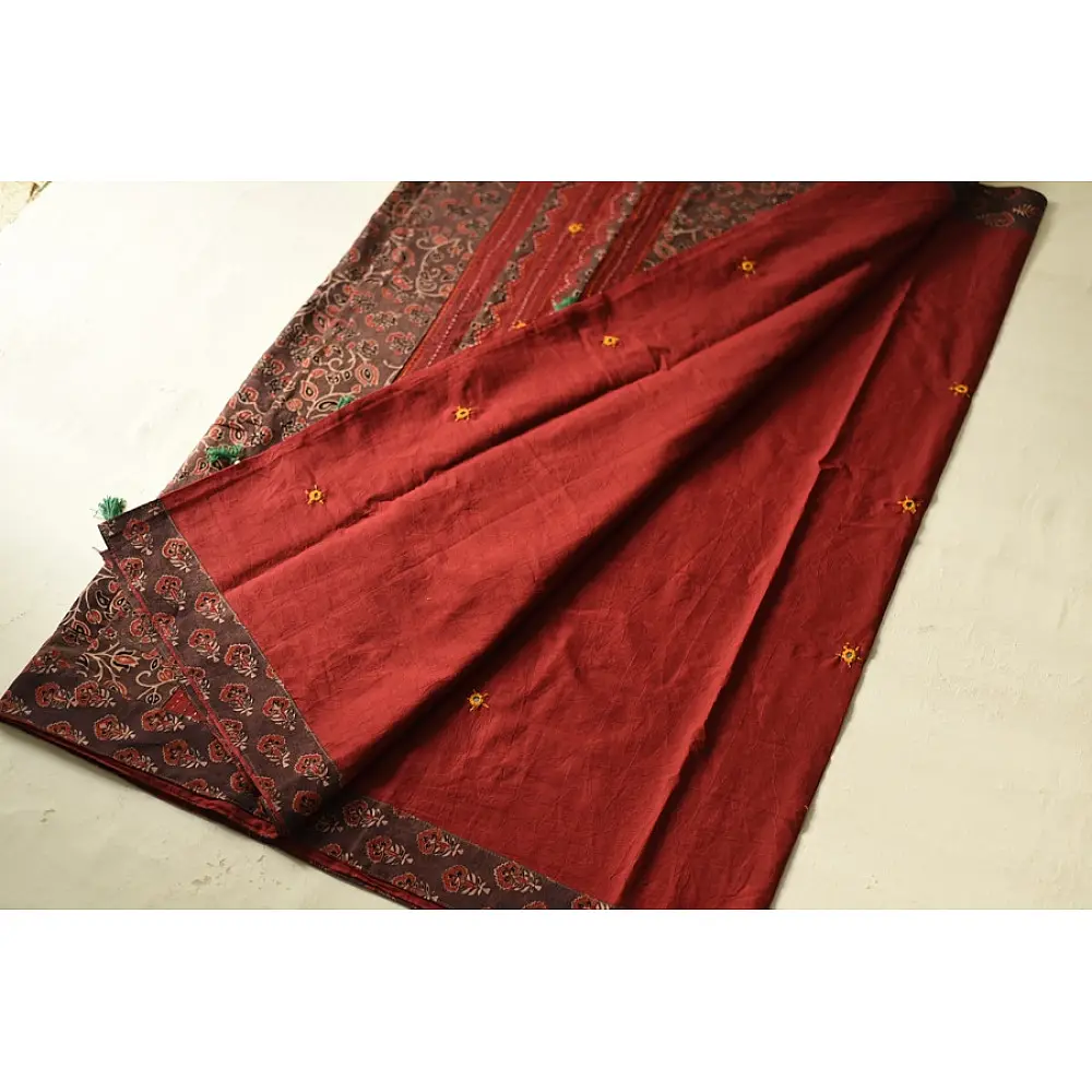 Ajrakh Applique & Mirror Work Cotton Saree