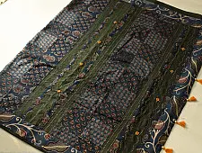 Ajrakh Patchwork & Embroidered Cotton Saree - Dark Green