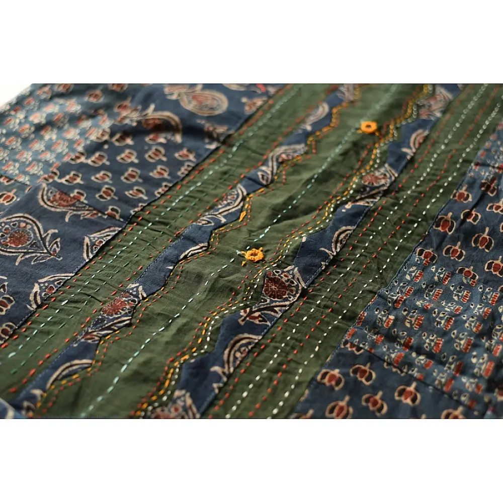 Buy Ajrakh Patchwork & Embroidered Cotton Dark Green Saree