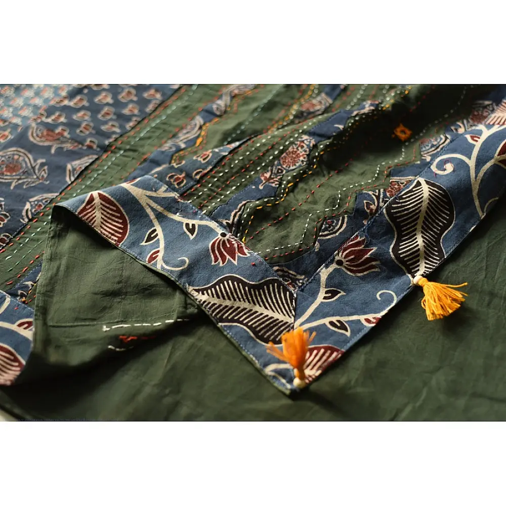Buy Ajrakh Patchwork & Embroidered Cotton Dark Green Saree