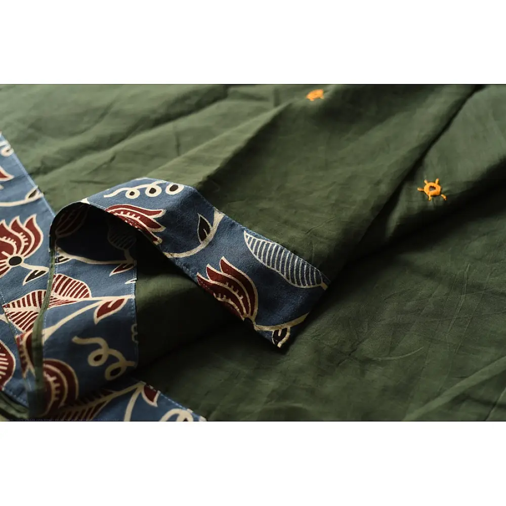 Buy Ajrakh Patchwork & Embroidered Cotton Dark Green Saree