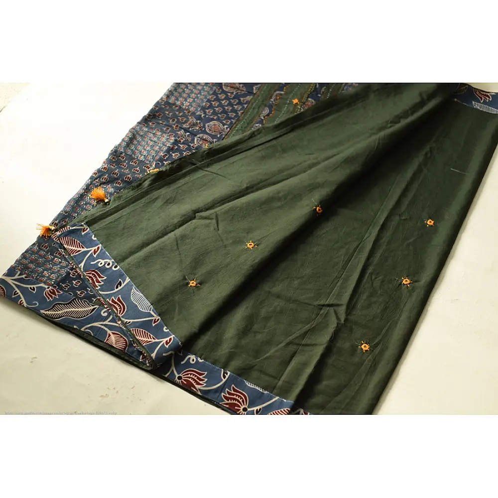 Buy Ajrakh Patchwork & Embroidered Cotton Dark Green Saree