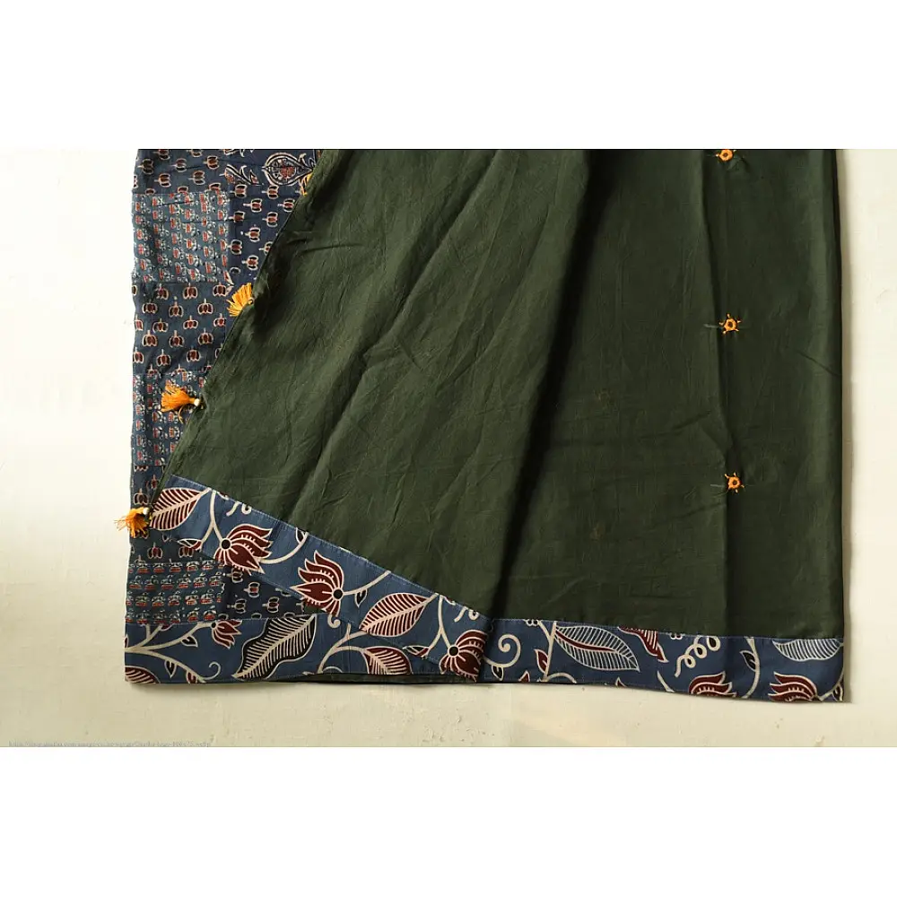 Buy Ajrakh Patchwork & Embroidered Cotton Dark Green Saree