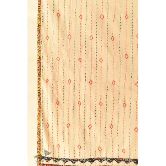 shop Ajrakh Applique & Kantha Embroidered White Dupatta with Yellow Border