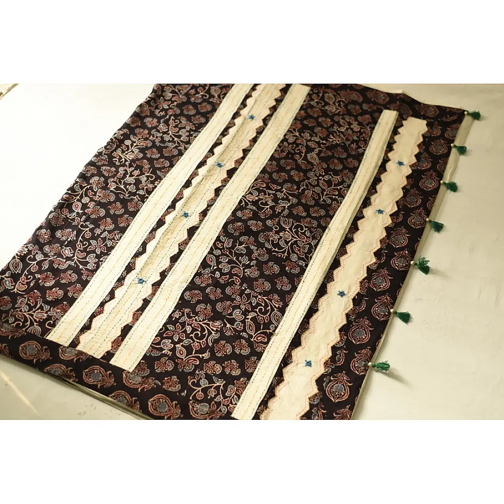 Cotton Ajrakh Applique Saree - Off White