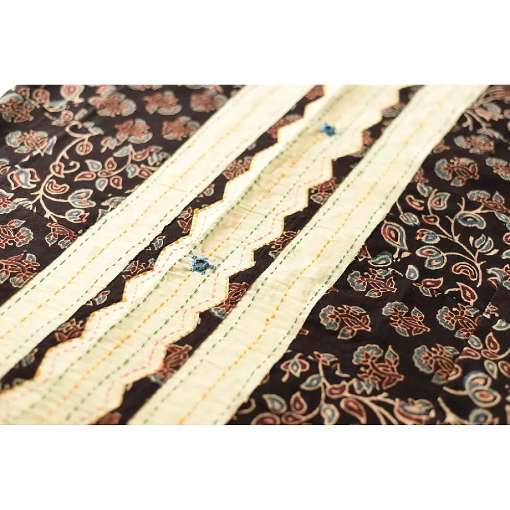 Cotton Ajrakh Applique Saree - Off White