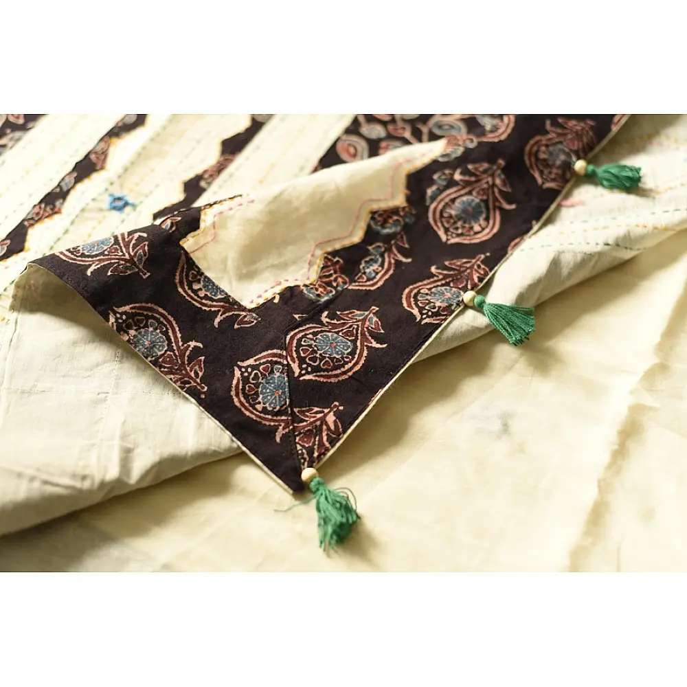 Cotton Ajrakh Applique Saree - Off White