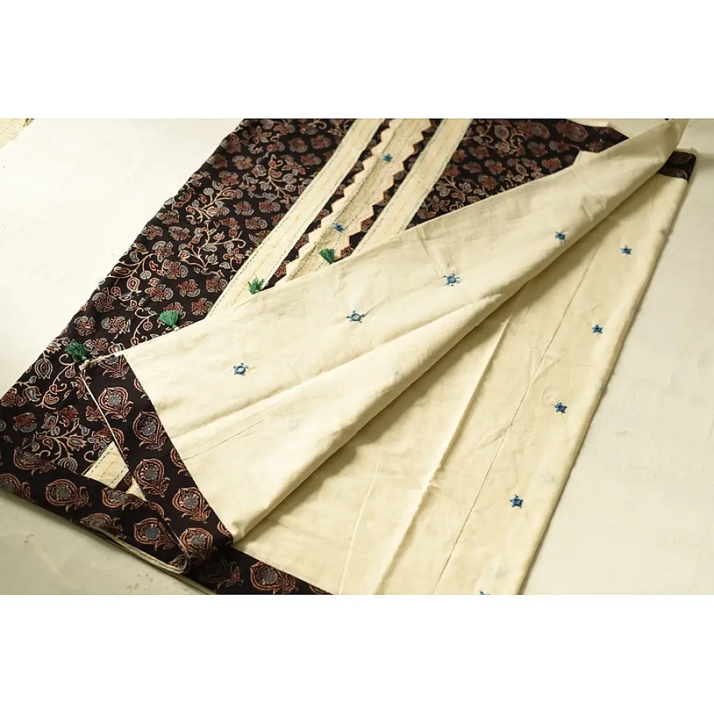Cotton Ajrakh Applique Saree - Off White