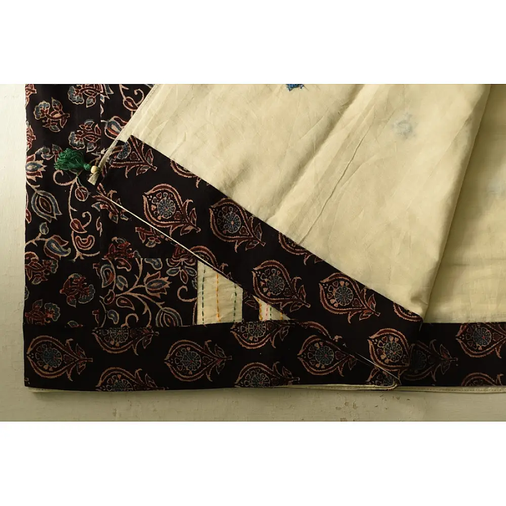 Cotton Ajrakh Applique Saree - Off White