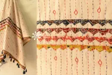 Ajrakh Applique & Kantha Embroidered Cotton White Dupatta with Yellow Border