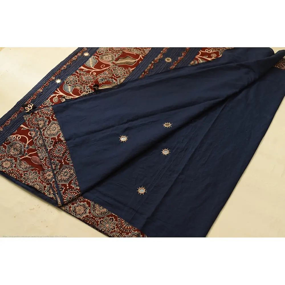 Buy Ajrakh Applique / Patchwork Cotton Saree