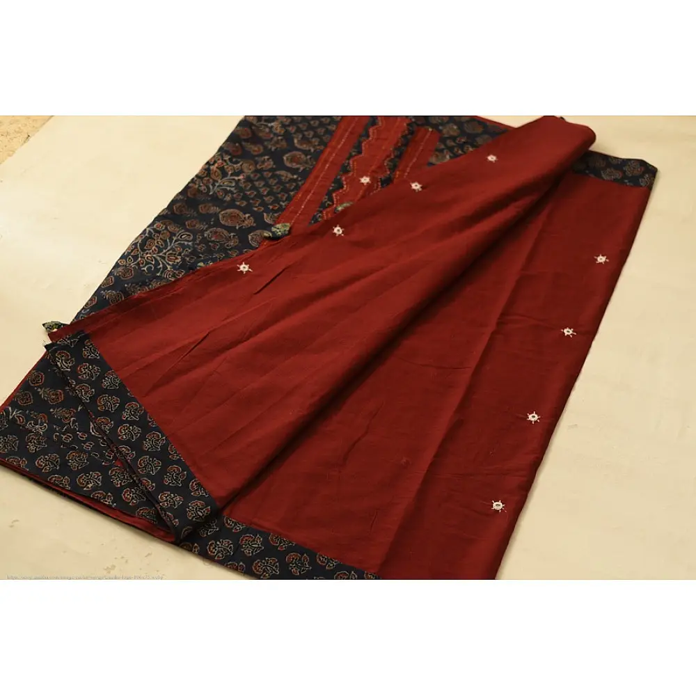 Patchwork Cotton Saree - Maroon & Blue