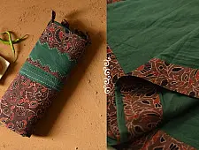 Ajrakh Applique & Mirror Work Cotton Saree - Green & Brown