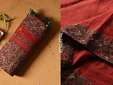 Ajrakh Applique & Mirror Work Cotton Saree - Maroon