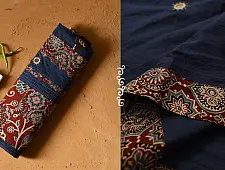 Ajrakh Applique / Patchwork Cotton Saree - Navy Blue