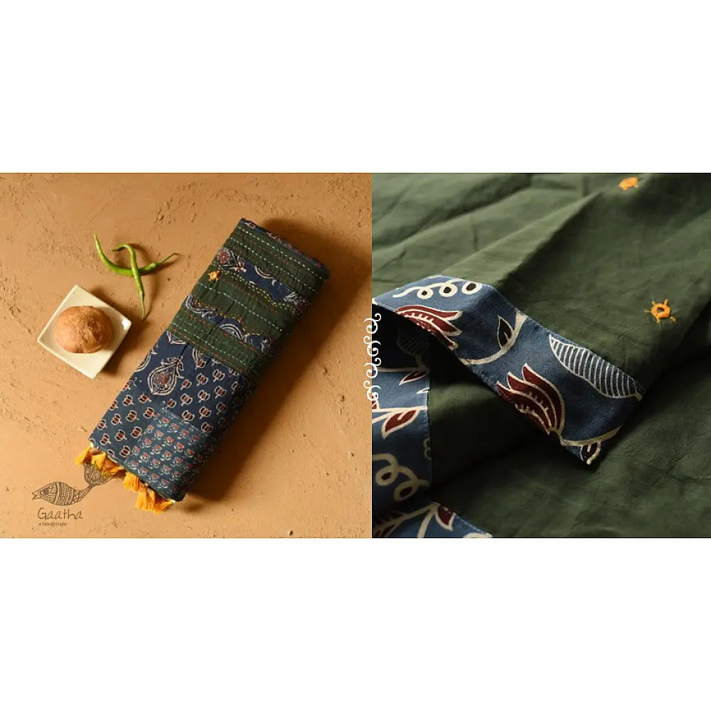 Buy Ajrakh Patchwork & Embroidered Cotton Dark Green Saree