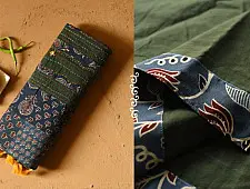Ajrakh Patchwork & Embroidered Cotton Saree - Dark Green